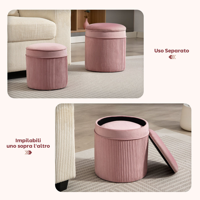 Set 2 Pouf Poggiapiedi Rotondi Impilabili Contenitore da 34.8L Imbottiti con Rivestimento in Velluto Rosa      