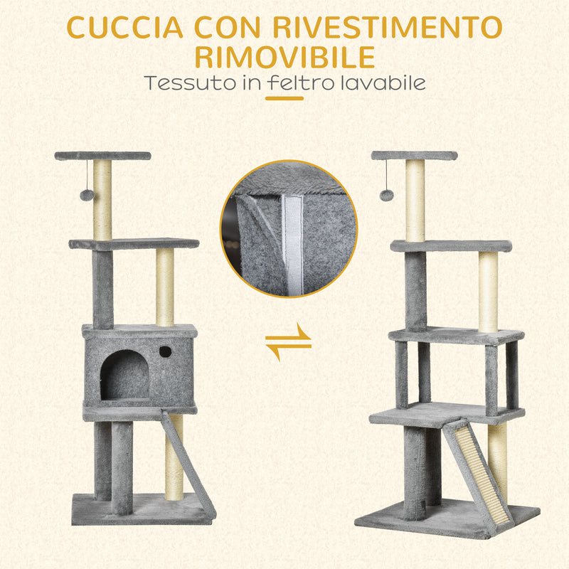 Albero Tiragraffi Multilivello con Casetta 48x48x125 cm Rivestimento in Peluche e Sisal Grigio   