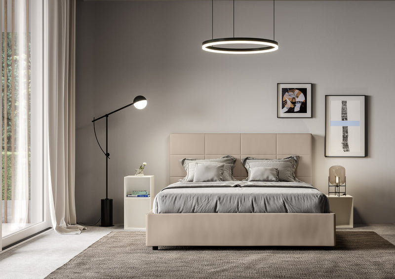 Letto Matrimoniale con Alzata Comoda Imbottito in Similpelle Mika Tortora Varie Misure