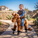 Cavallo per Bambini 2+ Anni 55x23x60 cm con 4 Rotelle Suoni Poggiapiedi Capacità 60 kg in Peluche Marrone      