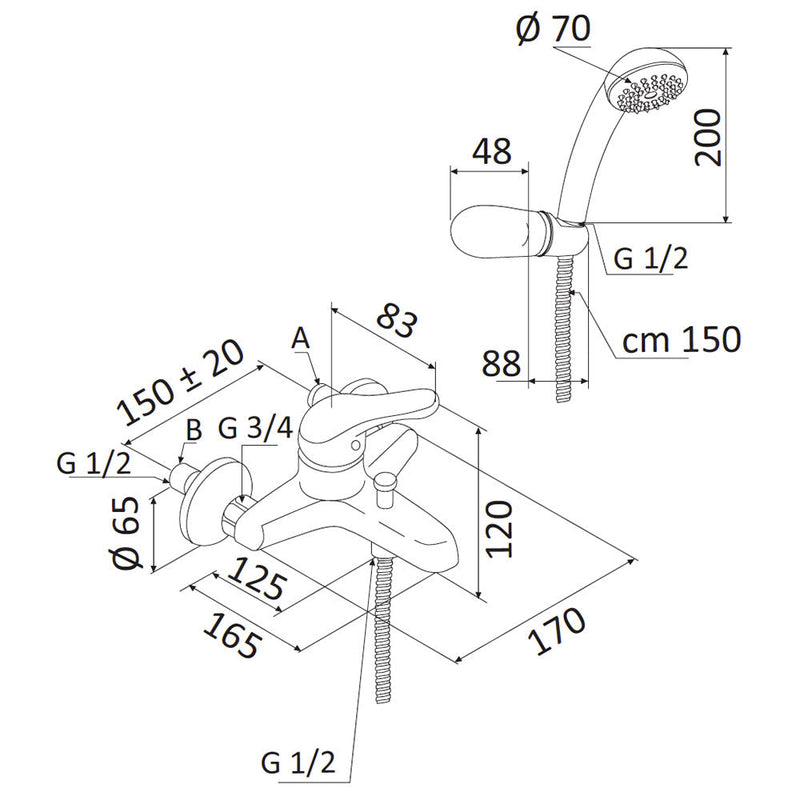 Rubinetto Miscelatore Monocomando Vasca Esterno Doccetta in Ottone Mariani Epic Cromato