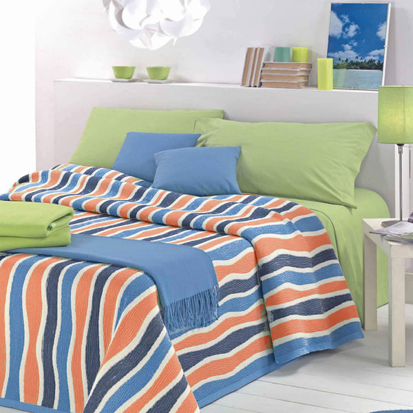 sconto Tagesdecke aus Baumwollmischung Cober Lambada Blue/Coral Stripes