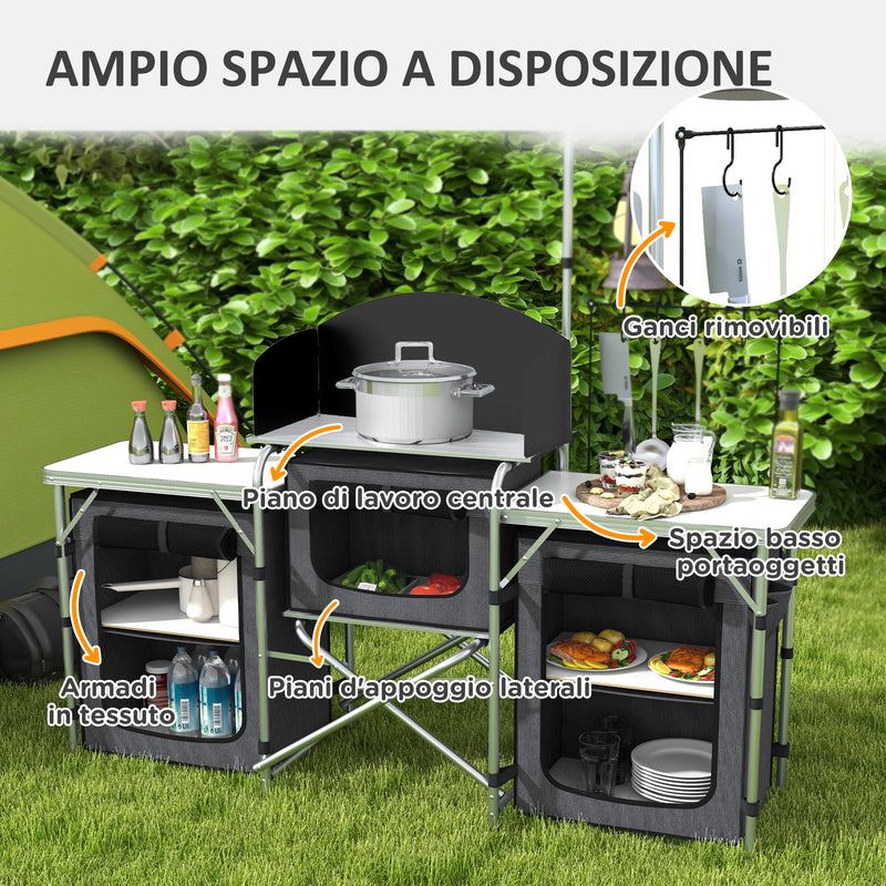 Cucina da Campeggio Pieghevole 172x48x119 cm con Ripiani e Ganci Nero   