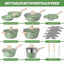 Batteria Pentole e Padelle 21 Pezzi in Alluminio Pressofuso Antiaderente Verde       