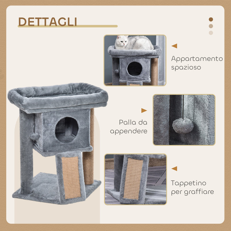 Albero Tiragraffi con Lettino e Casetta in Peluche 40x40x57 cm Tiragraffi in Juta Grigio   