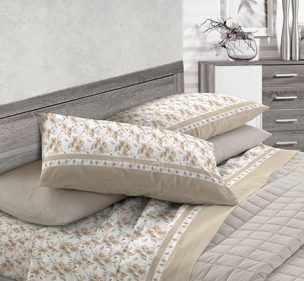 Set aus Baumwolllaken oben und unten und Cober Fioretto Beige Kissenbezügen in verschiedenen Größen sconto