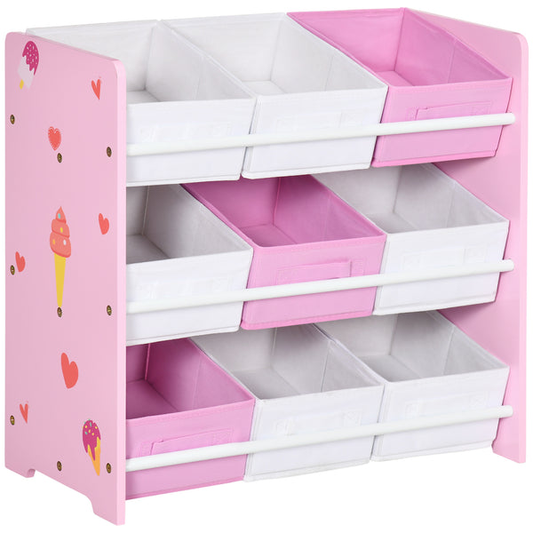 Scaffale Portagiochi per Bambini 63x30x60 cm con 9 Cestini in Tessuto in MDF Rosa e Bianco sconto