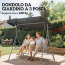 Dondolo da Giardino a 3 Posti 171x108x154 cm con Tetto Parasole Rimovibile in Metallo Grigio scuro      