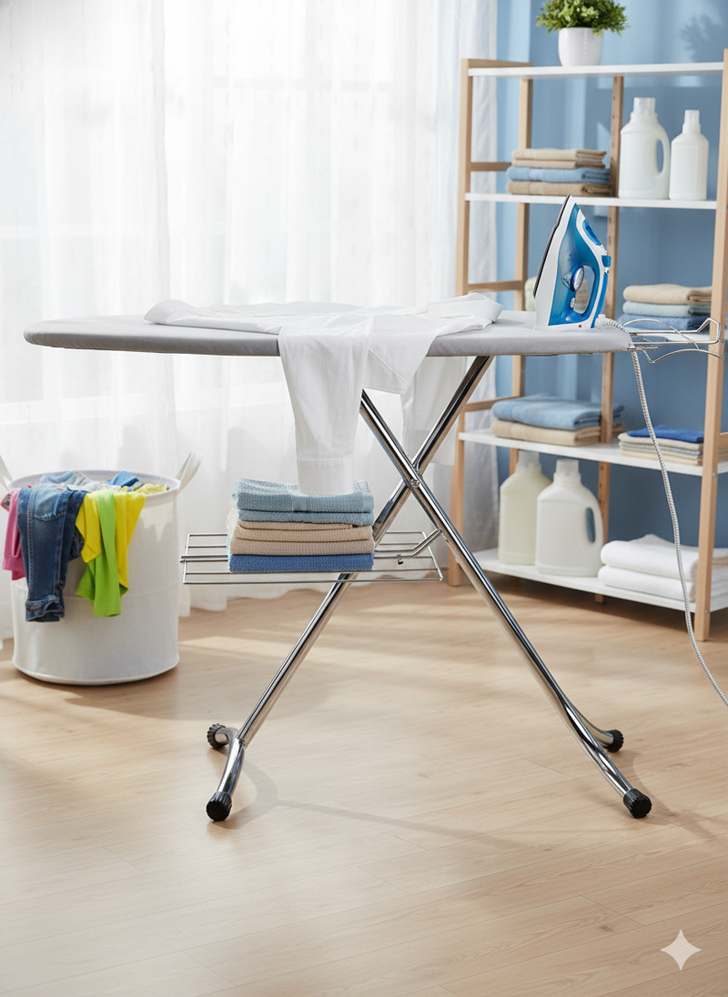 Asse da Stiro Rugby Profi 125x46 cm Salvaspazio Ampia Area con Ripiano Sottostante Gambe Triple in Acciaio