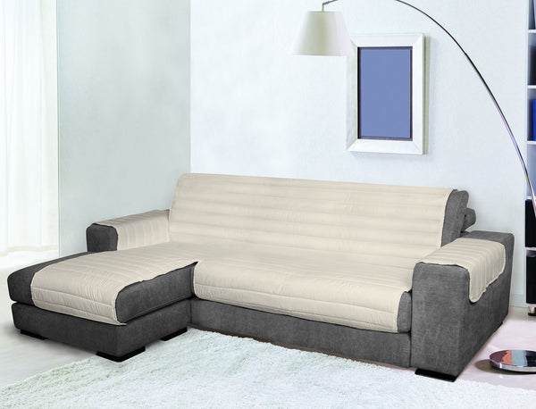 Gesteppter Sofabezug mit Halbinselsitz links in cremefarbener Mikrofaser, verschiedene Größen sconto