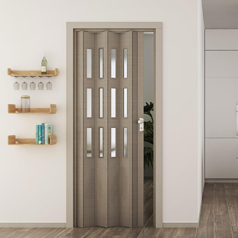 Porta a Soffietto da Interno 88,5x214 cm in PVC con Vetro Florance Rovere Tortora