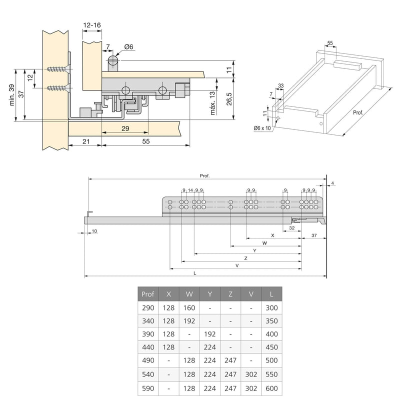 Guide a Scomparsa Slippe per Cassetti ad Estrazione Totale P540 Zincato Emuca