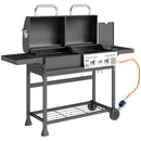 Barbecue a Carbone e Gas con 3 Bruciatori e Coperchio Termometro e Ruote Nero