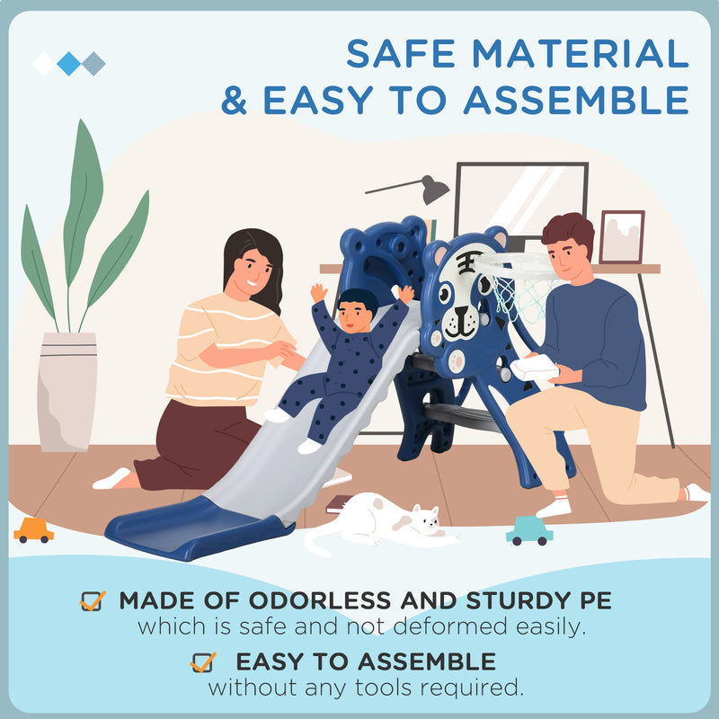 Scivolo per Bambini 133x60x70 cm con Canestro Laterale in PE Blu e Grigio