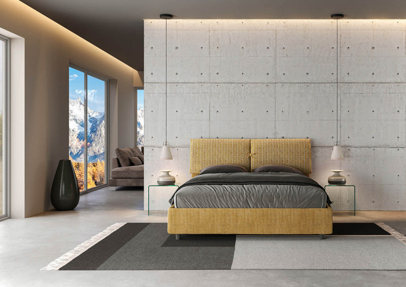 Letto Matrimoniale con Testata e Alzata Comoda Imbottito in Tessuto Aragona Mados Giallo Varie Misure