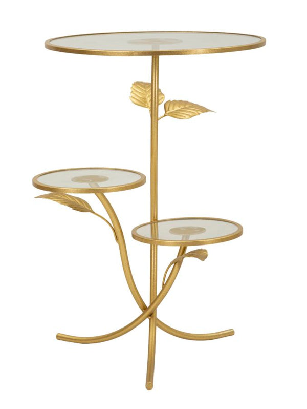 prezzo Tavolinetto 3 Ripiani Leaf Ø54x69,5 cm in Ferro e Vetro Oro