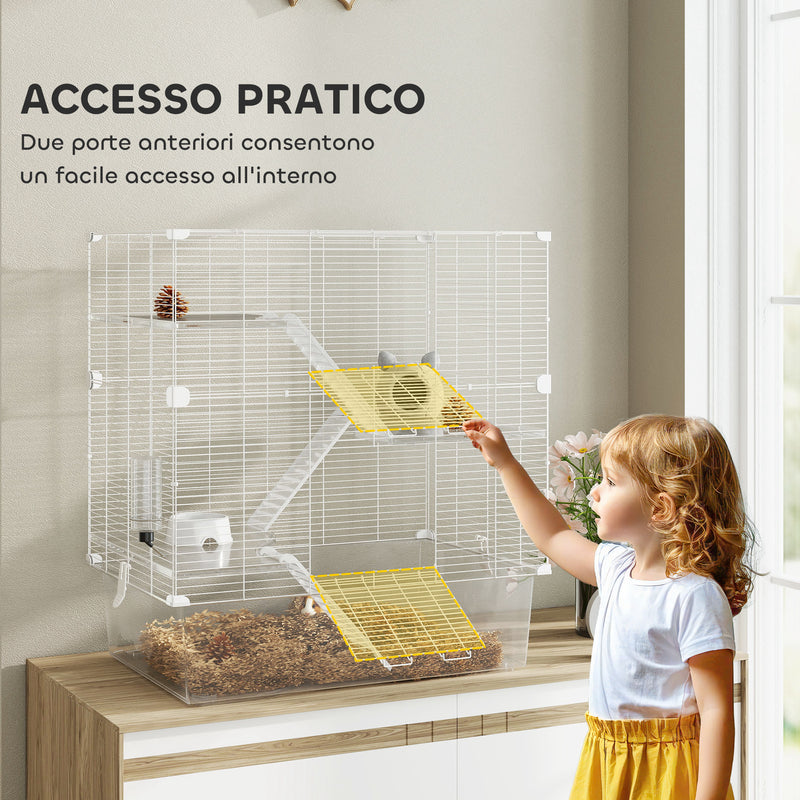 Gabbia per Roditori 73x47x80 cm Multilivello con Accessori Inclusi in Acciaio e PET Bianco  