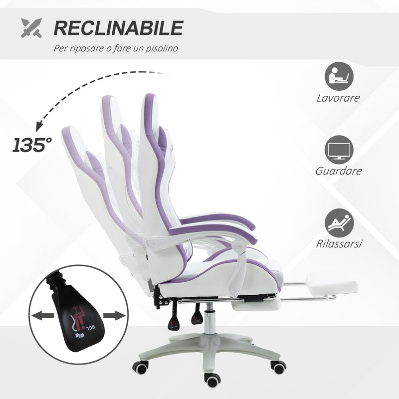 Sedia da Gaming con Schienale Reclinabile 65x65x121-129 cm in Finta Pelle PU Bianco e Viola  