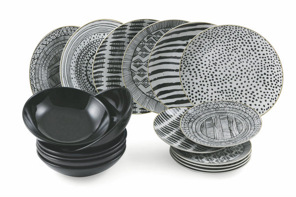 sconto 18-teiliges Tafelservice aus Porzellan und mehrfarbigem Steinzeug Villa d'Este Home Tivoli Masai Black