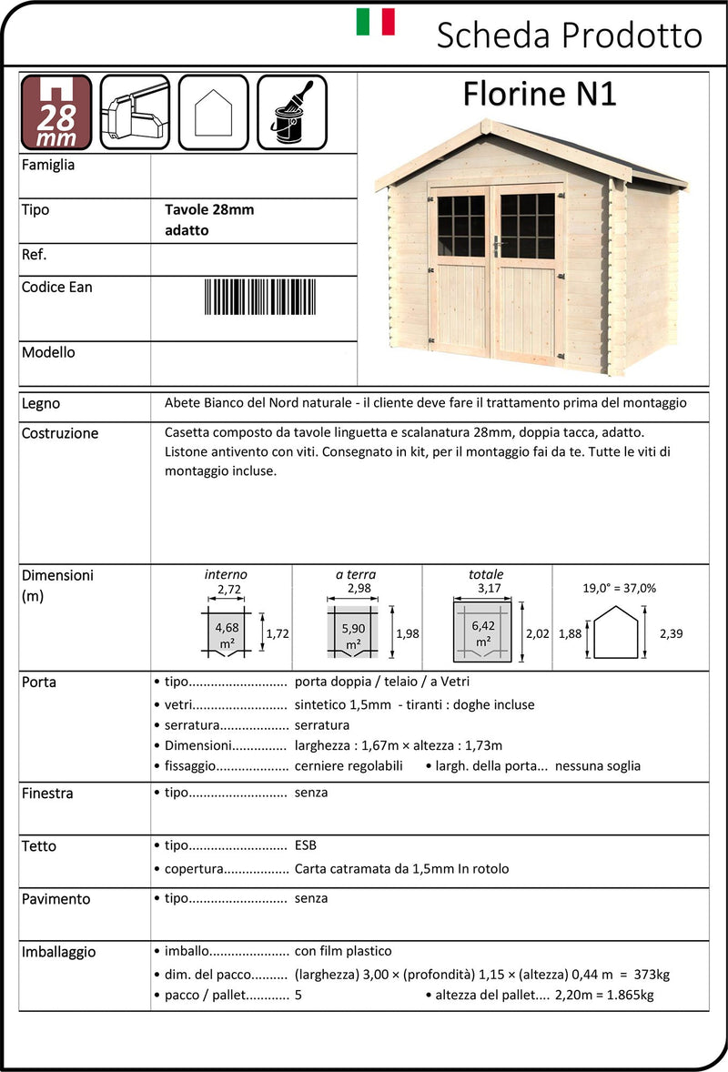 Casetta Box da Giardino per Attrezzi 2,98x1,98m Senza Pavimento in Legno Abete 28mm Florine