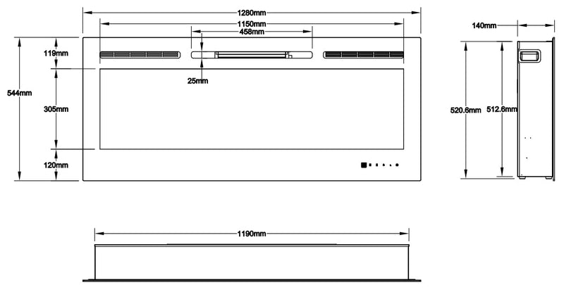 Camino Elettrico da Incasso 54,4x128x14 cm Effetto Fiamma 1500W Hermes Nero
