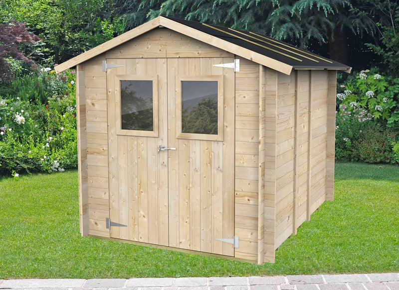 Casetta Box da Giardino per Attrezzi 198x248 cm con Porta Doppia Finestrata in Legno Naturale