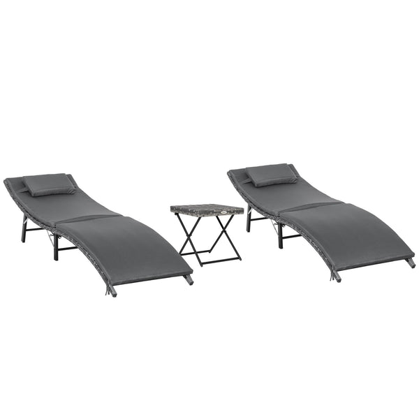sconto Set mit 2 klappbaren Sonnenliegen und Couchtisch aus grauem Rattan