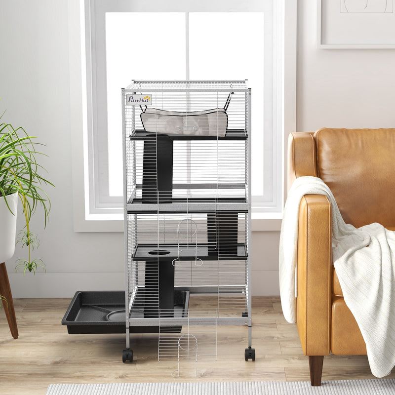 Gabbia per Porcellini d'India e Cincillà a 3 Piani 52x52x113,5 cm Ruote e Vassoio Rimovibile in Acciaio Grigio Chiaro      