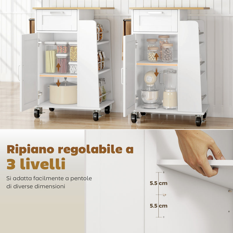 Carrello da Cucina 62x40x87 cm con Cassetto Armadietto Portasciugamani e 3 Portaspezie in Legno Bianco      