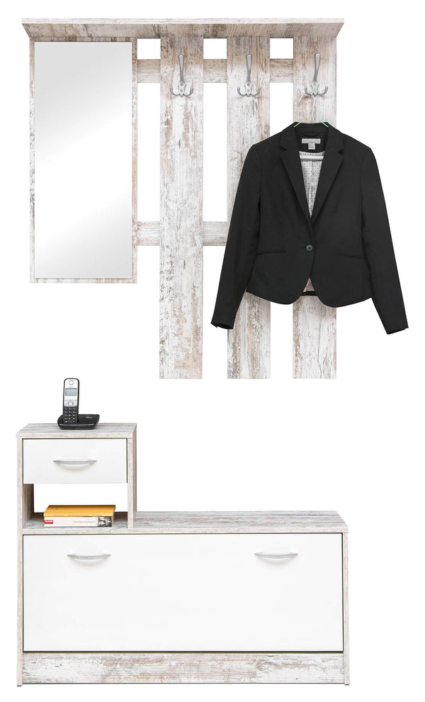 online Flurgarderobe mit Spiegel und Schuhregal aus Alfred-Holzspanplatte in Shabby und Weiß