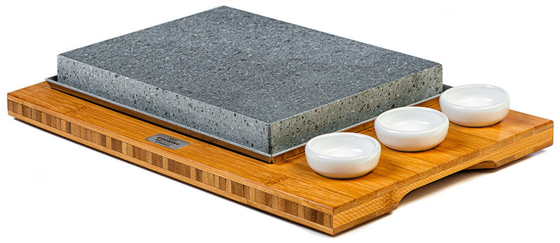 Pietra Lavica 20x25 cm con Ciotole e Supporto in Legno di Bamboo