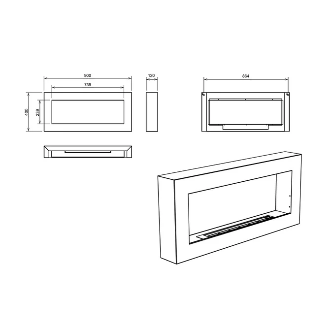 Camino a Bioetanolo da Parete 90x12x40 cm in Acciaio Inox Nero