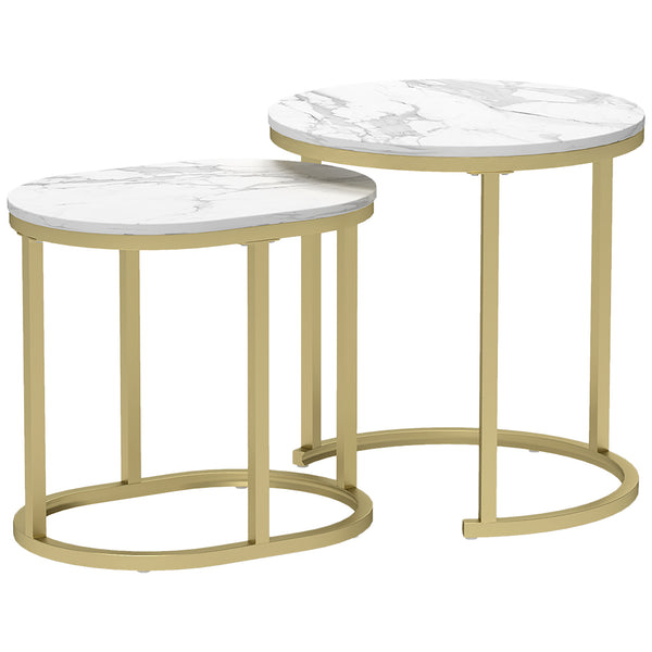 prezzo Set 2 Tavolini da Caffè Ø50x50.5 cm e 60x36x43.5 cm con Piano Effetto Marmo in Legno e Acciaio Bianco