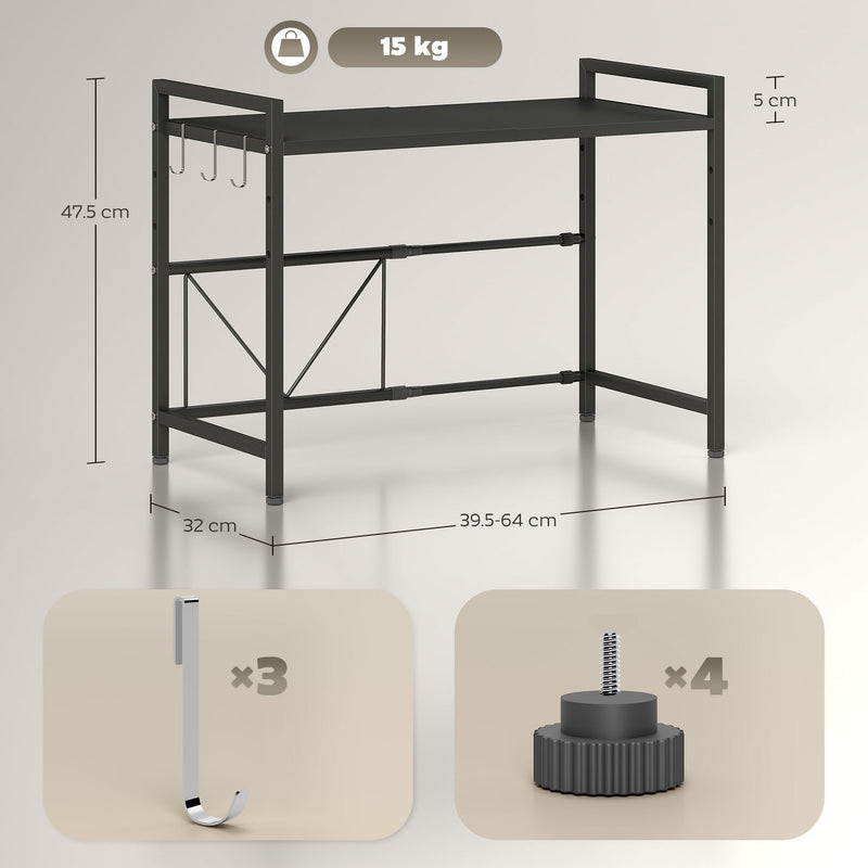 Mensola Porta Microonde Estensibile a 2 Livelli 39,5-64x32x47,5 cm in Metallo Nero   