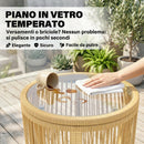 Set 3 Pezzi da Pranzo Bistrò con 2 Sedie Tavolo Rotondo con Piano in Vetro Temperato in Rattan e Acciaio Beige      