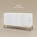 Credenza Moderna 4 Ante con Chiusura Ammortizzata e Mensole Regolabili 140x40x75 cm in Truciolato e Metallo Bianco e Oro