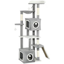Albero Tiragraffi per Gatti 48x40x165 cm con 2 Casette Rampa Trespoli in Peluche e Sisal Grigio e Bianco      