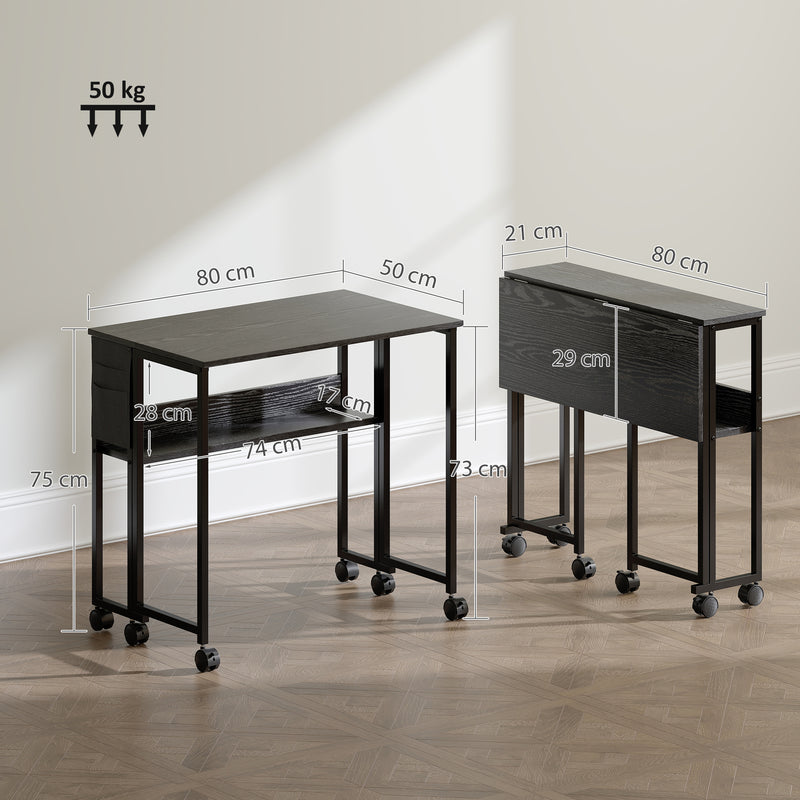 Scrivania Pieghevole Salvaspazio a Ribalta 80x50-21x75 cm con Scaffale e Ruote in MDF Nero   