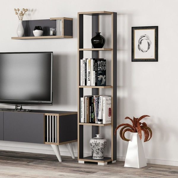 Libreria 34x153 cm 5 ripiani antracite dettagli noce sconto