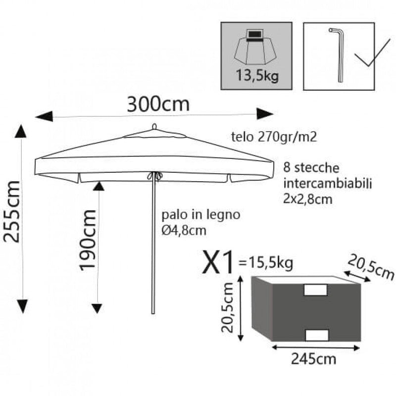 Ombrellone da Giardino Ø3 m Palo Ø48 mm Venere in Legno Marrone