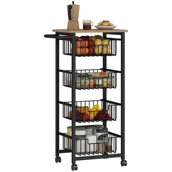 prezzo Carrello da Cucina 49,5x31x91 cm con 4 Cestini Estraibili in Acciaio e Legno Rovere e Nero