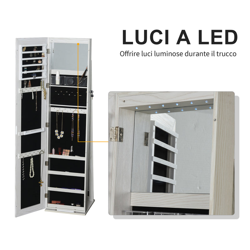 Specchio Portagioie da Terra a LED 15x15x61,75 cm con 4 Scaffali Struttura in Legno Bianco  