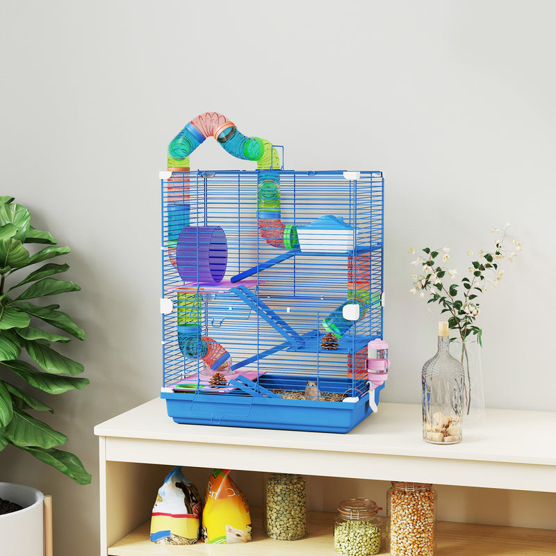 Gabbia per Criceti a 5 Piani 46x30x58 cm con Tubi Colorati e Accessori in Metallo Blu  