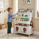 Libreria Montessoriana per Bambini 3-8 Anni 60x30x76 cm con 4 Ripiani e 2 Contenitori con Stampa di Leone in Truciolato Bianco      