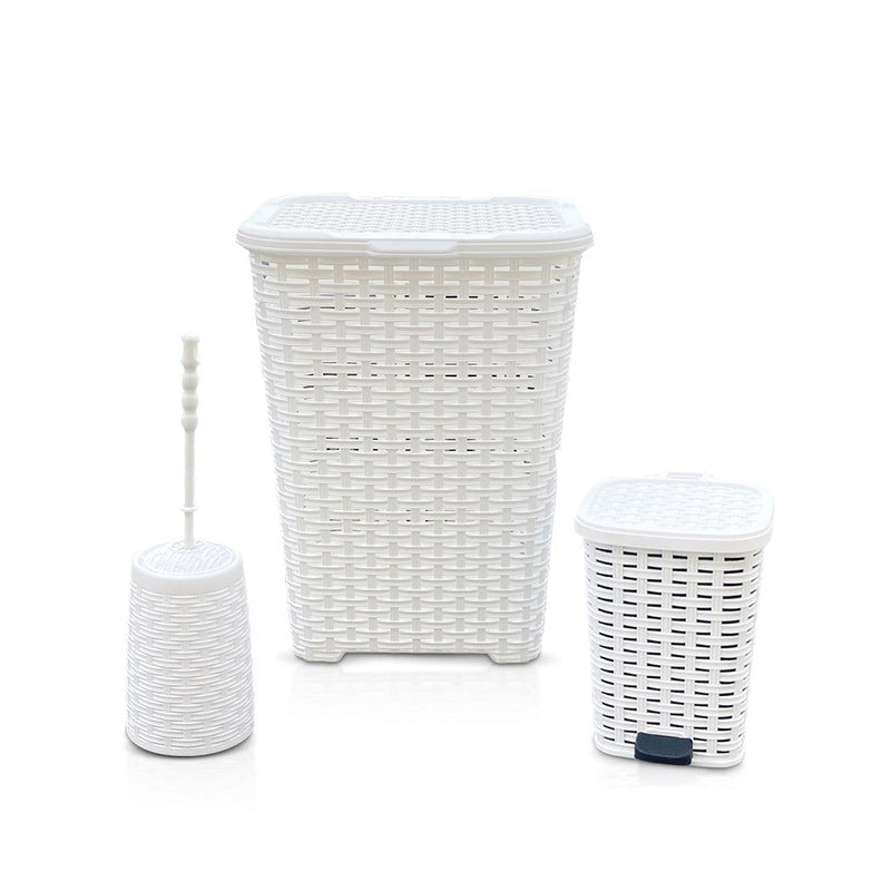 Set Accessori Bagno Cesto Biancheria Cestino Rifiuti Scopino in Rattan Bianco
