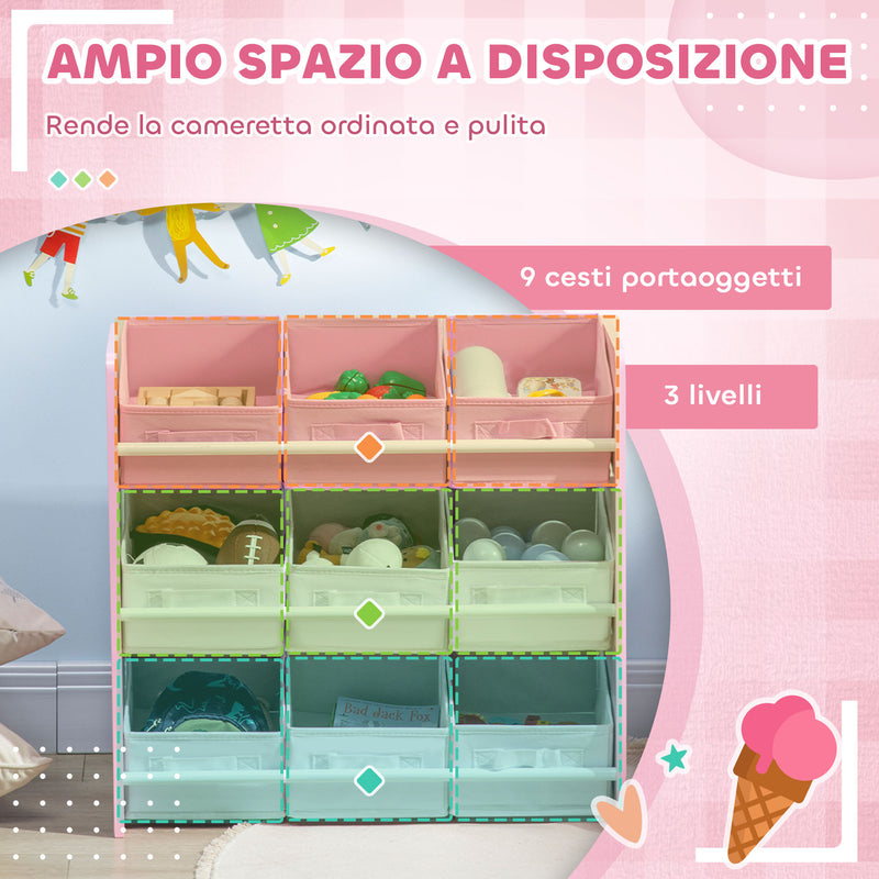 Scaffale Portagiochi per Bambini 63x30x60 cm con 9 Cestini in Tessuto in MDF Rosa e Bianco  