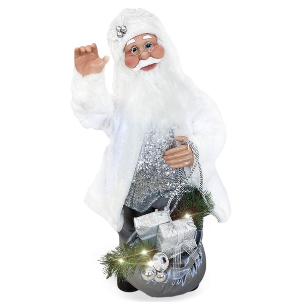 Weihnachtsmann-Puppe H80 mit Lichtern und weißem und silbernem Uhrwerk sconto