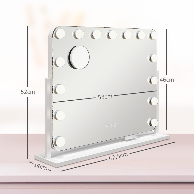 Specchio da Tavolo in Vetro con 14 Luci LED Regolabili e Ricarica USB 62,5x14x49,5 cm  per Trucco Make up Bianco  