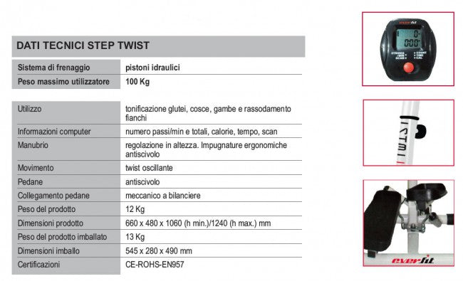Stepper Idraulico Laterale 100Kg Max con Manubrio Everfit Step Twist