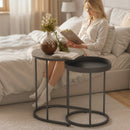 Set 2 Tavolini da Salotto Impilabili in Stile Industriale Ø42x54 cm e Ø36,5x48,5 cm in Legno e Metallo Grigio e Nero      